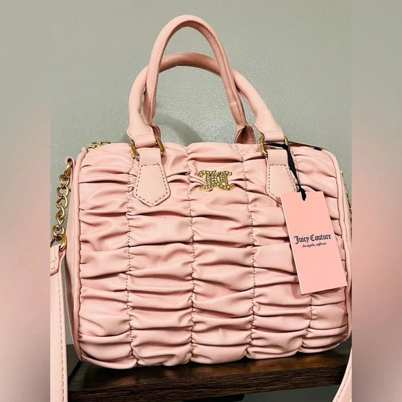 Juicy Couture Pink Run The World Satchel Ruched Faux Leather Gold Hardware NWT - Picture 2 of 5